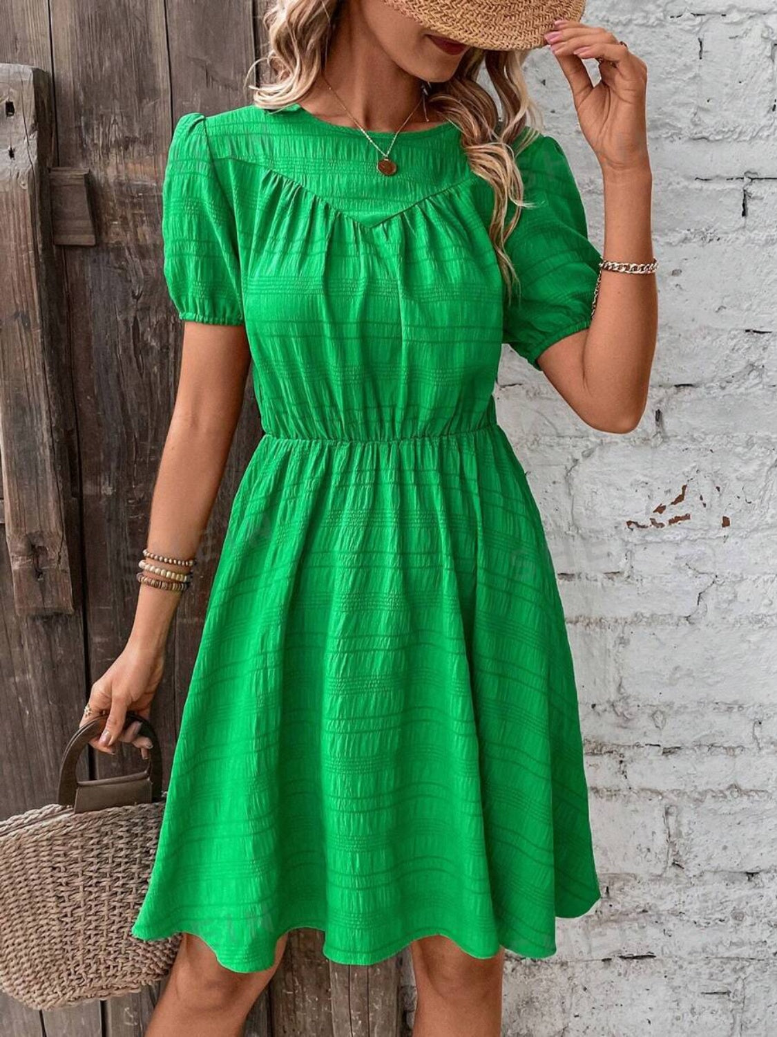 Ruched Round Neck Short Sleeve Mini Dress Green