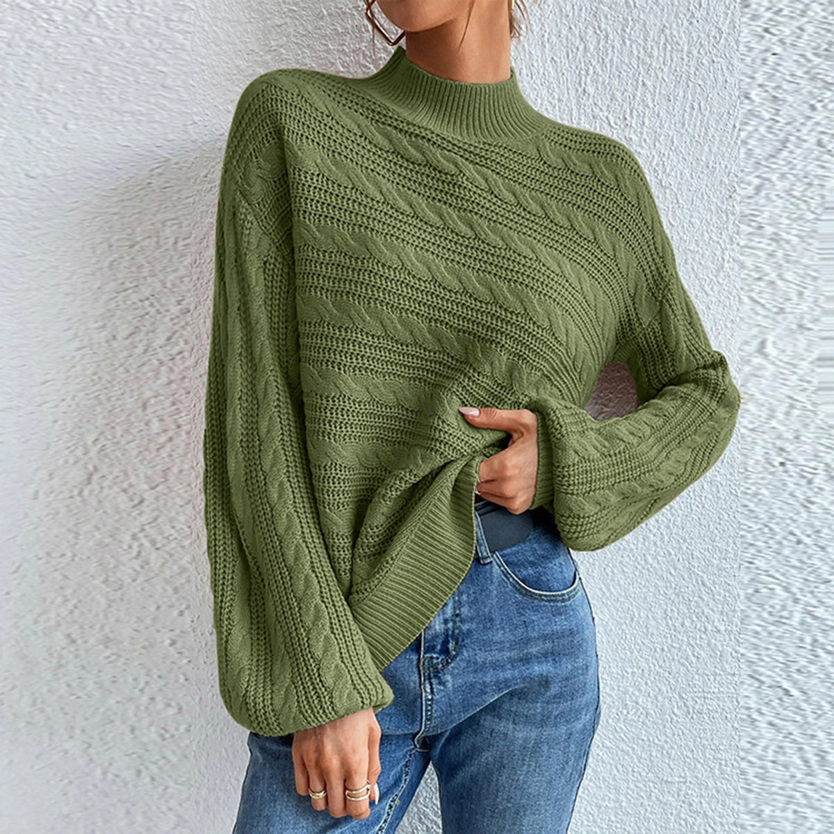 Cable-Knit Mock Neck Long Sleeve Sweater Matcha Green