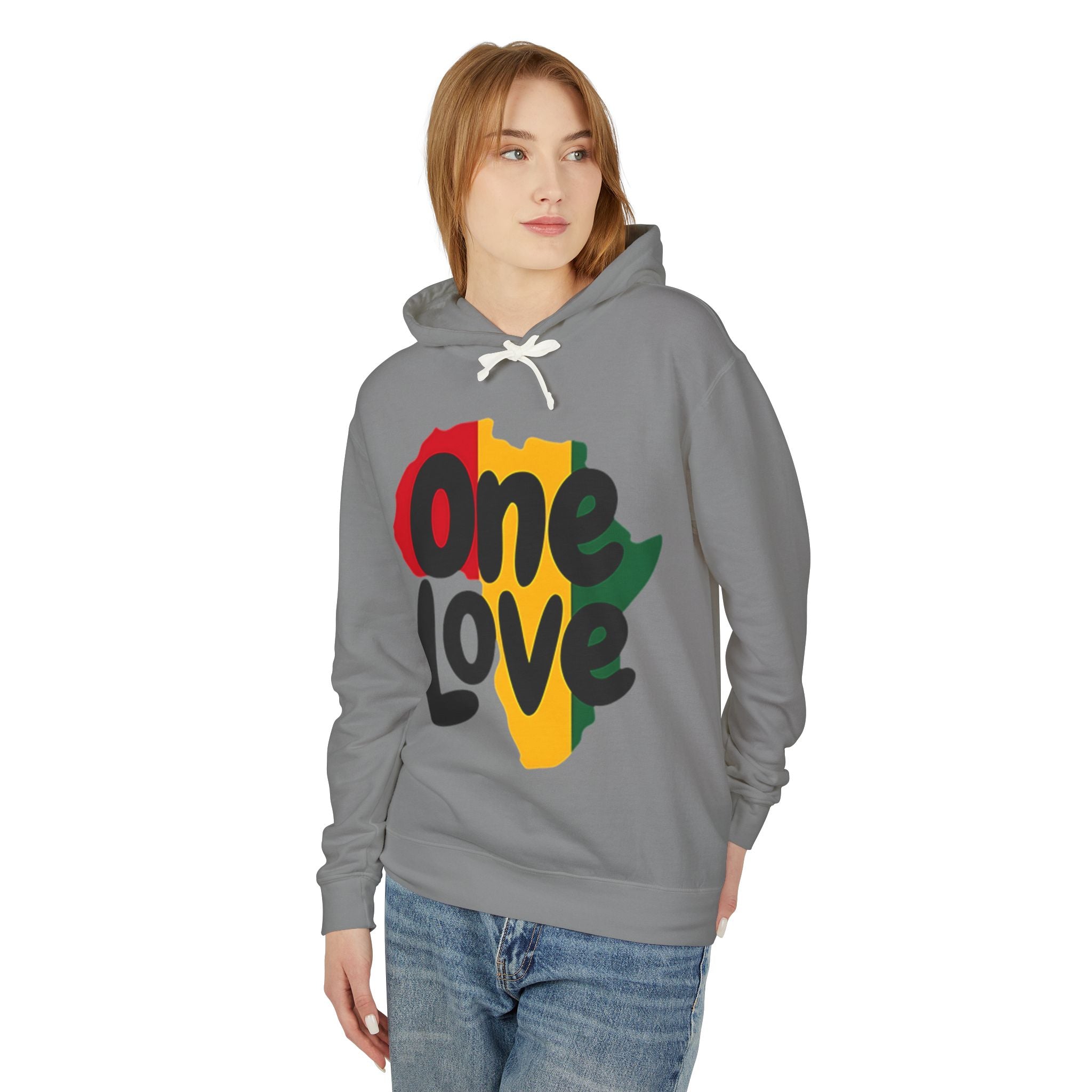 One Love Rasta Lightweight Hooded Sweatshirt - Red Yellow Green Black Color Scheme, Reggae Culture, Positive Vibes, Unity and Peace,