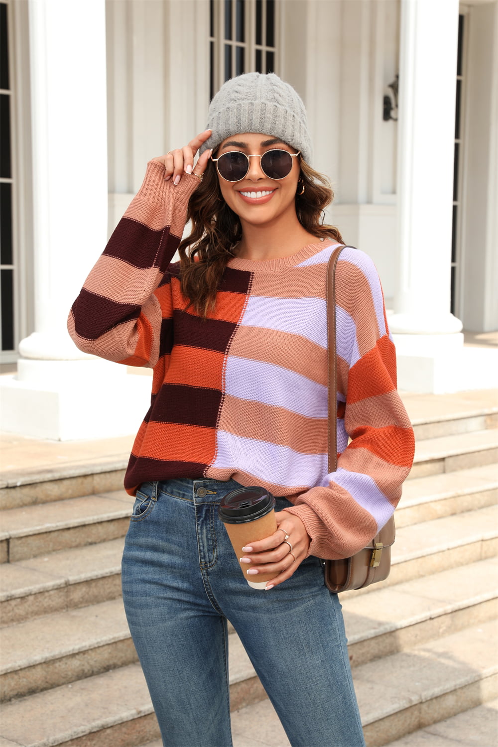 Round Neck Long Sleeve Color Block Dropped Shoulder Pullover Sweater Orange