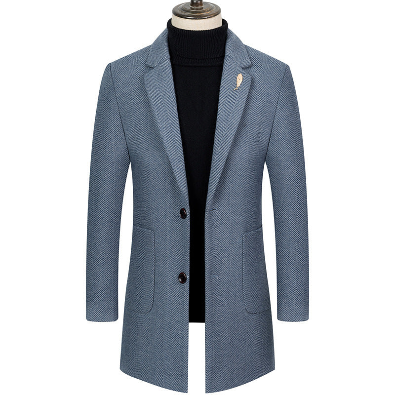 Men's Lapel Herringbone Slim-fit Cashmere Coat Blue