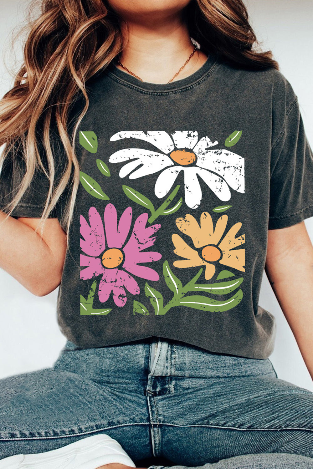 Flower Graphic Round Neck Short Sleeve T-Shirt Black