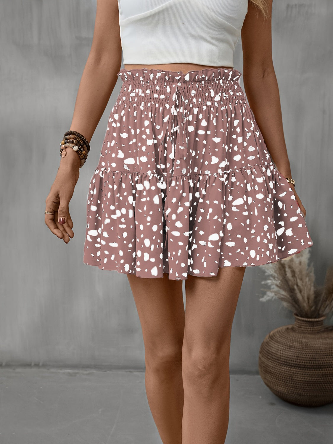 Frill Tied Printed Mini Skirt Dusty Pink