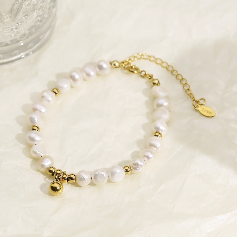 Stainless Steel Freshwater Pearl Bracelet Gold One Size