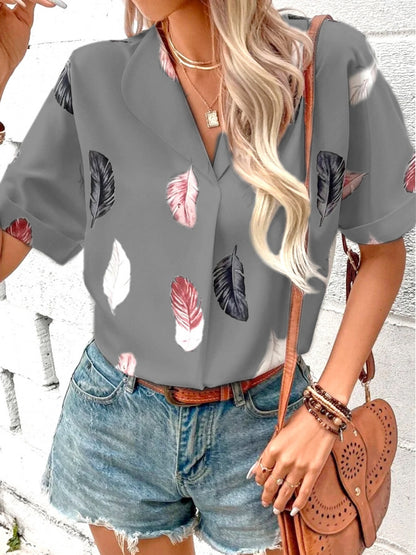 Full Size Printed Collared Neck Short Sleeve Blouse Dark Gray