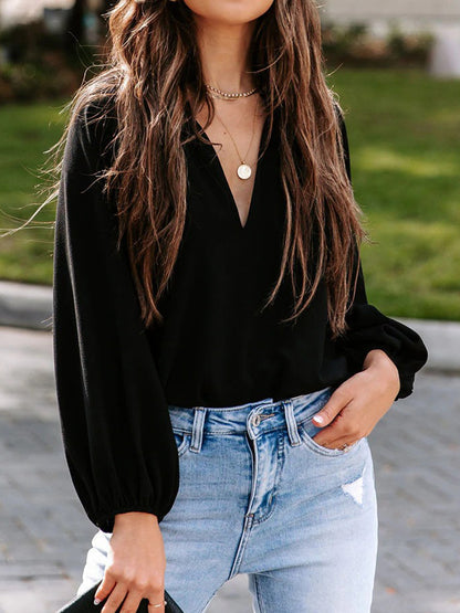 Notched Neck Long Sleeve Blouse Black