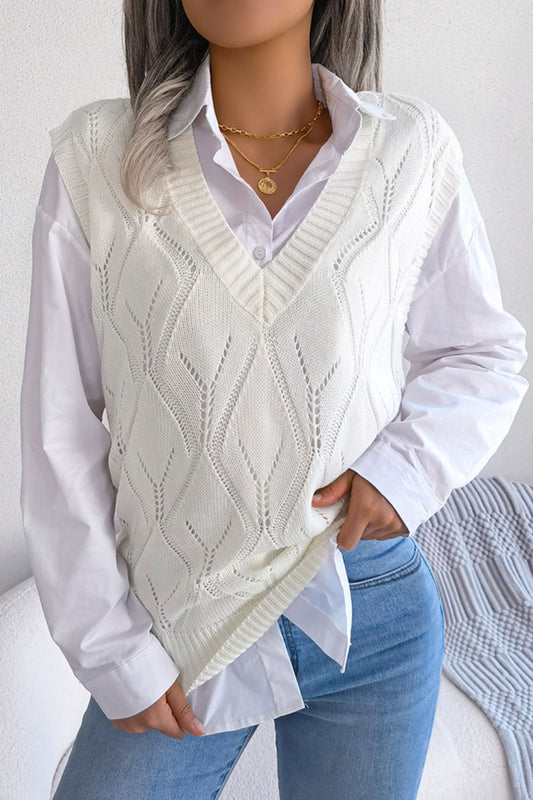 Openwork Ribbed Trim Sweater Vest White