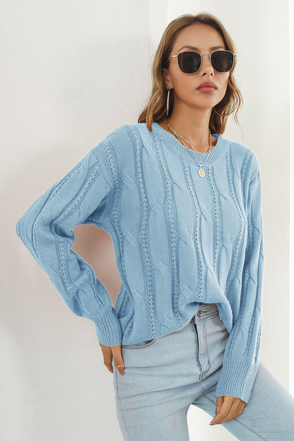 Round Neck Long Sleeve Sweater Light Blue