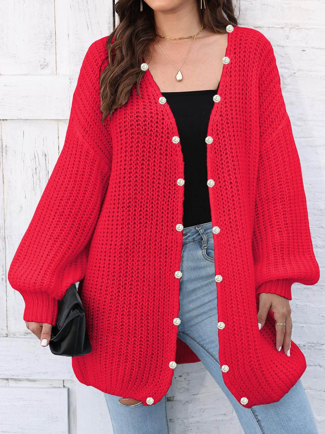 Open Front Long Sleeve Cardigan Scarlet One Size