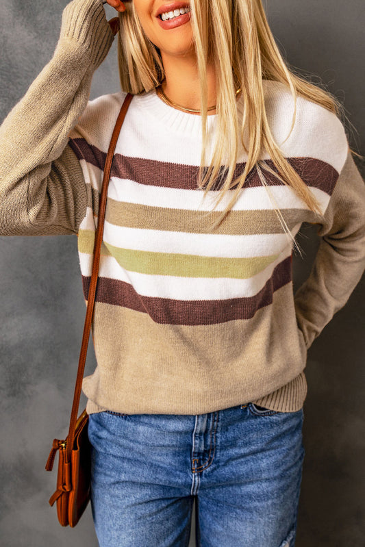 Striped Ribbed Trim Drop Shoulder Sweater Khaki