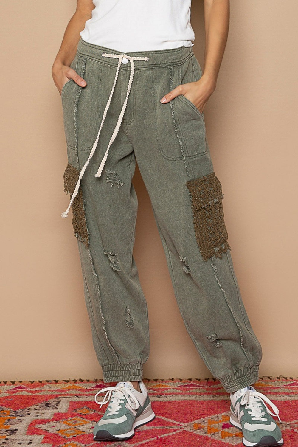 POL Distressed Cargo Denim Jogger with Crochet Pockets Shadow Green