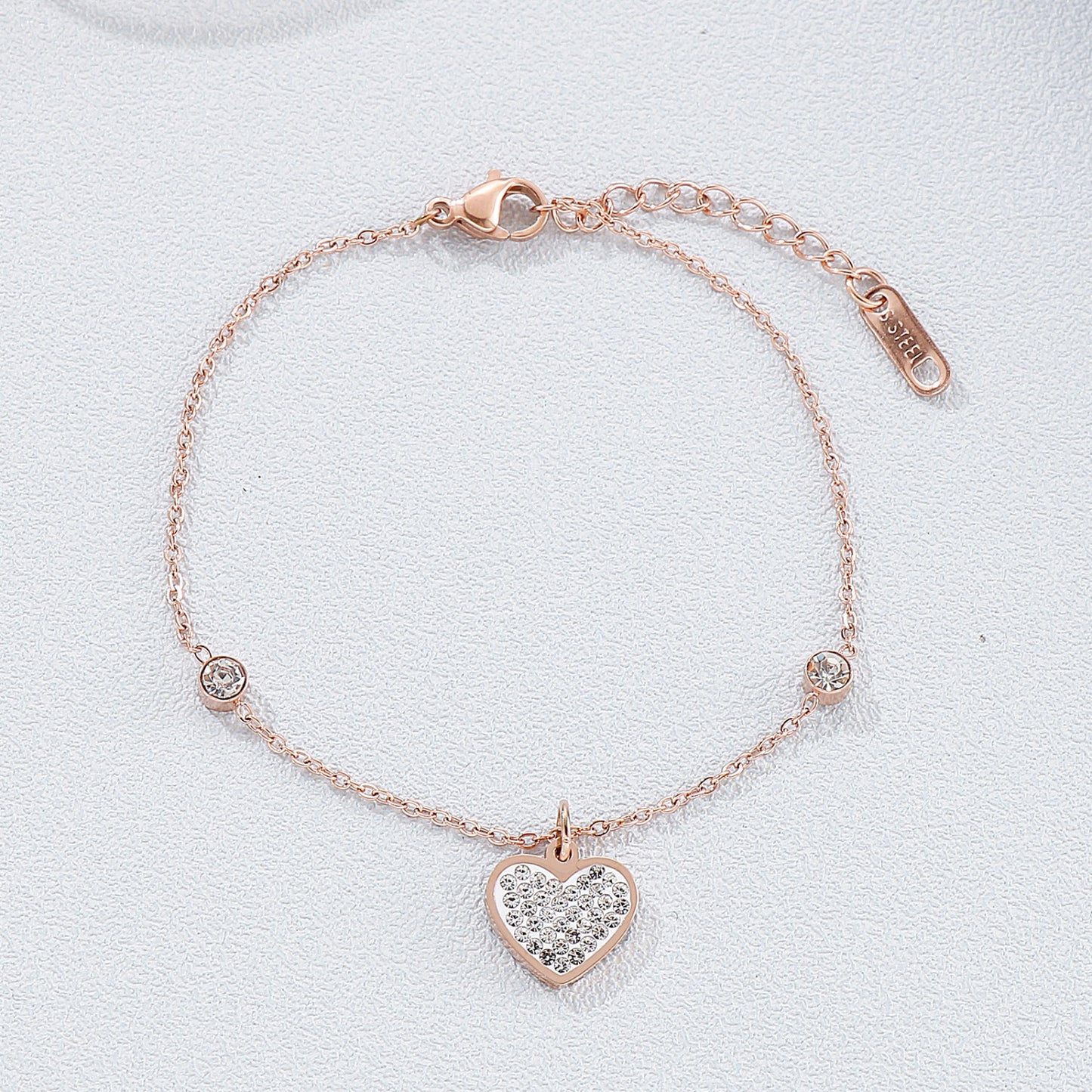 Inlaid Rhinestone Titanium Steel Heart Bracelet Rose Gold One Size