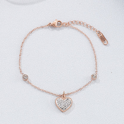 Inlaid Rhinestone Titanium Steel Heart Bracelet Rose Gold One Size