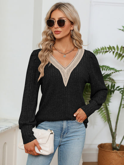 Lace Detail V-Neck Ribbed Blouse Black