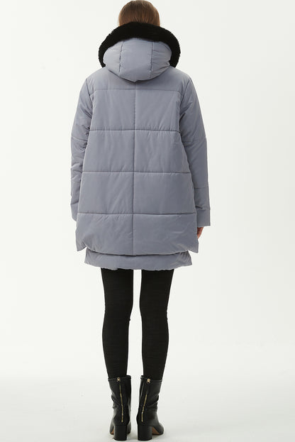 Light Grey Plush Linen Zip Up Hooded Puffer Coat