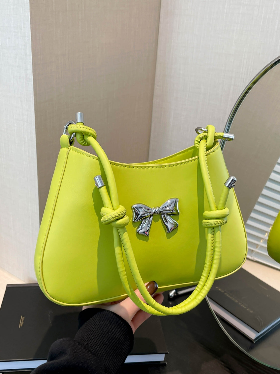 Bow PU Leather Knotted Strap Handbag Lime One Size