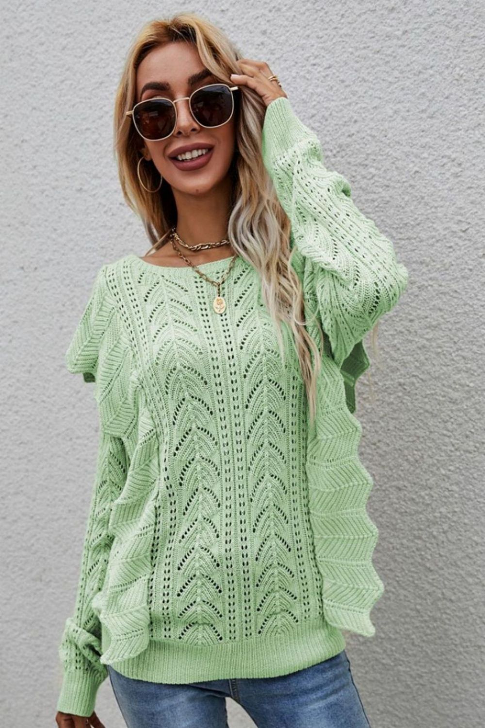 Openwork Round Neck Ruffled Sweater Green