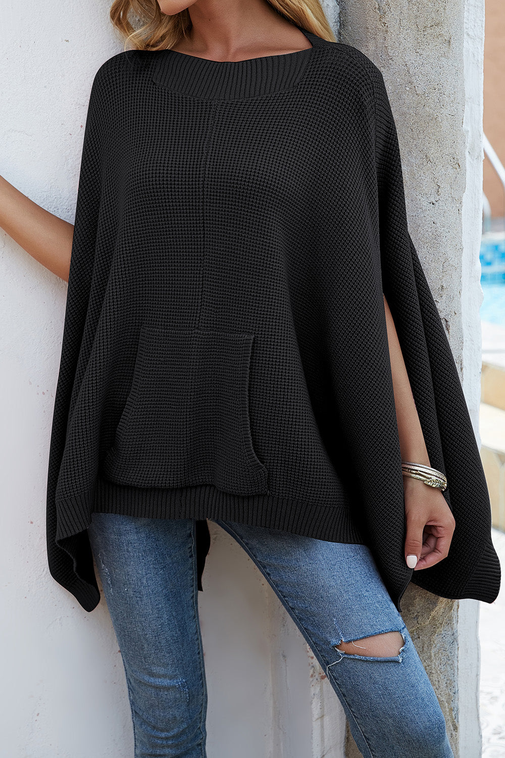 Waffle-Knit Pocketed Cape Sleeve Sweater - Thandynie