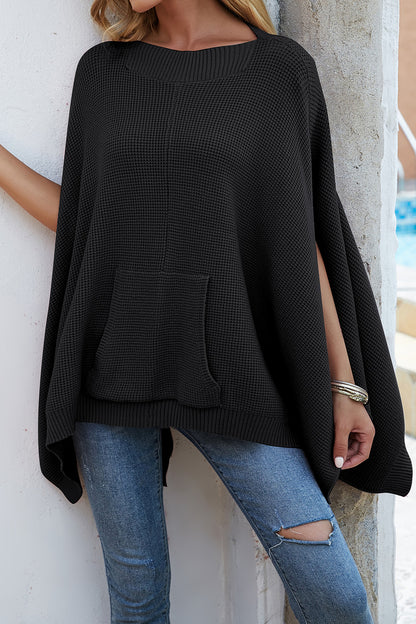 Waffle-Knit Pocketed Cape Sleeve Sweater Black