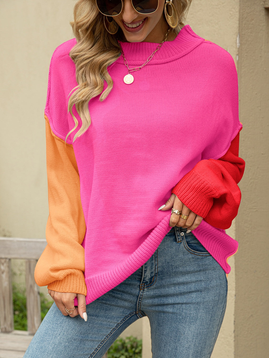 Color Block Dropped Shoulder Sweater Hot Pink