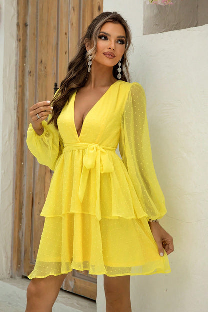 Tie Waist Balloon Sleeve Layered Dress Canary Yellow