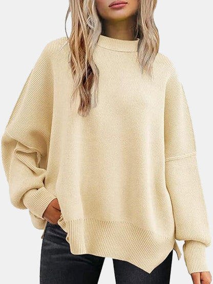 Round Neck Drop Shoulder Slit Sweater Ivory