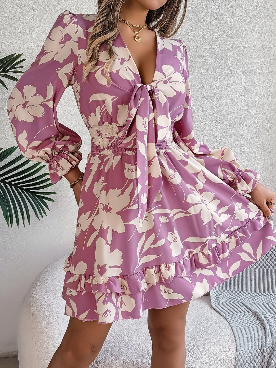 Tied Ruffled Printed Long Sleeve Dress - Thandynie