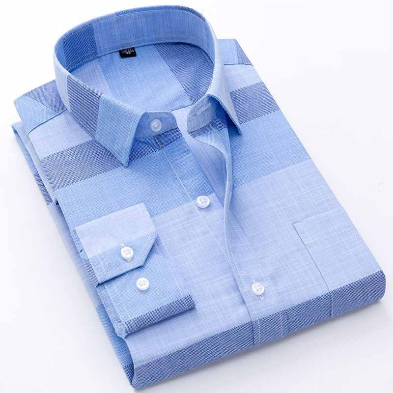 Men's Long-Sleeved Plaid Slub Cotton Shirt | Business Casual Shirt with Pocket Decoration