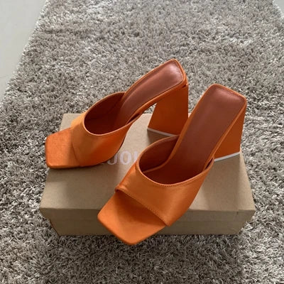 Women's Gold Leather High Heel Peep Toe Slippers - Summer Party Sandal Dress Slides SJG-H orange