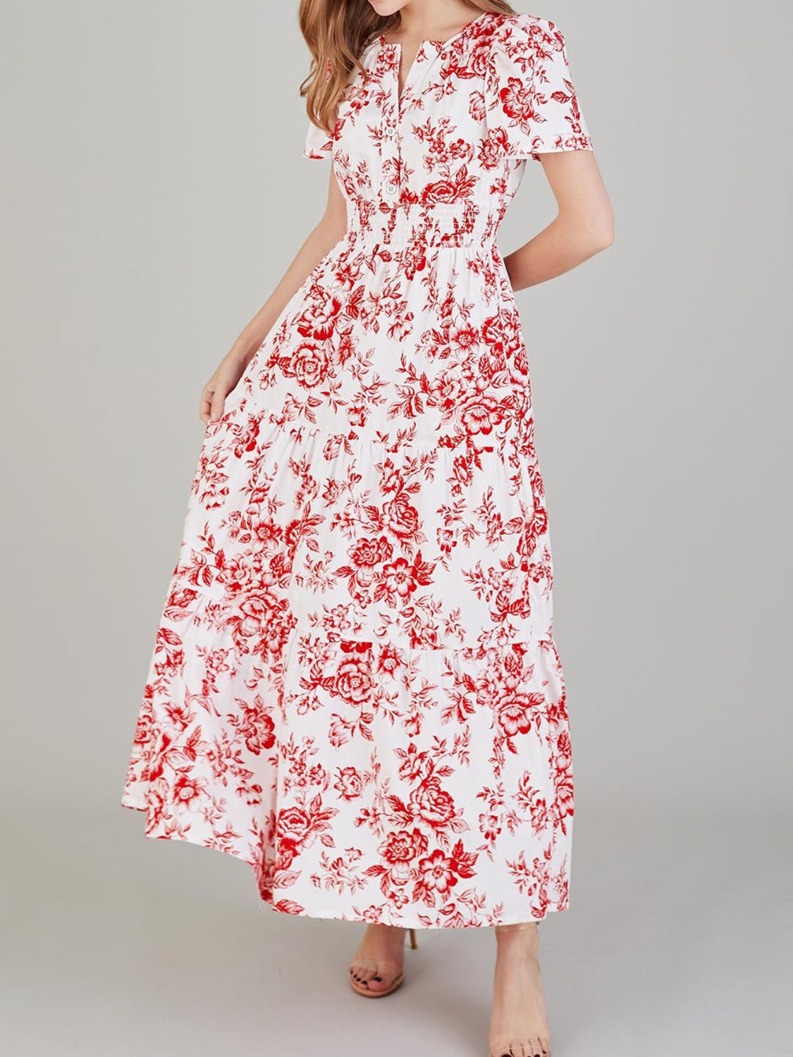 Tiered Floral Notched Short Sleeve Dress Deep Red