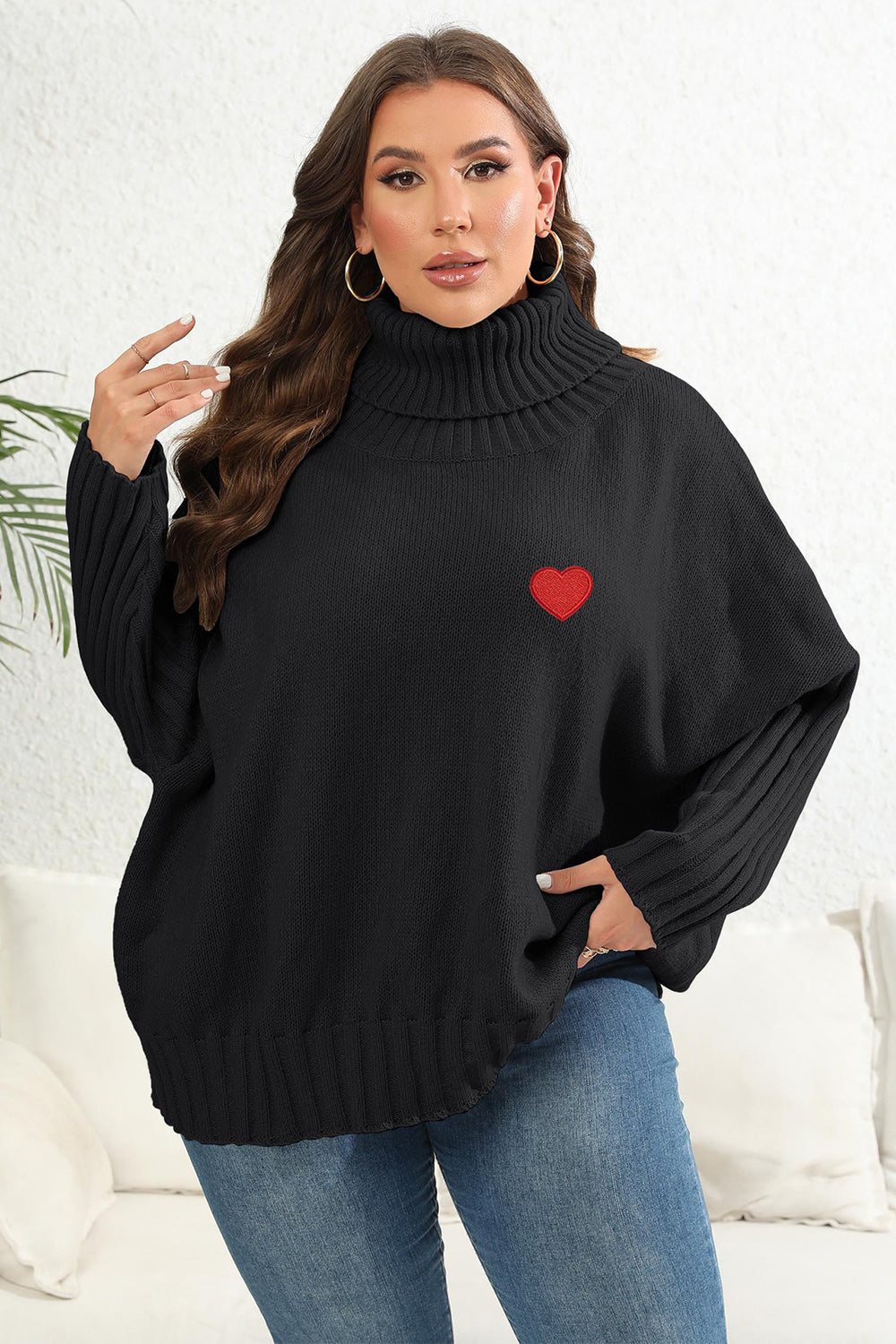 Plus Size Turtle Neck Long Sleeve Sweater Black