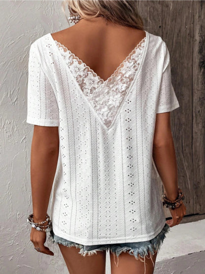 Lace Detail Eyelet Short Sleeve Blouse White