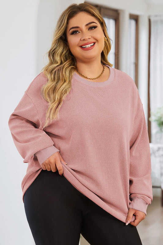 Pink Plus Size Corded Round Neck Sweatshirt Pink 100%Polyester