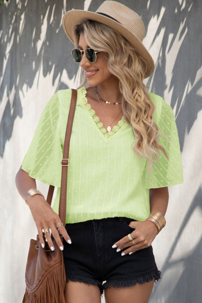 Swiss Dot Lace Trim Flutter Sleeve V-Neck Blouse Light Green