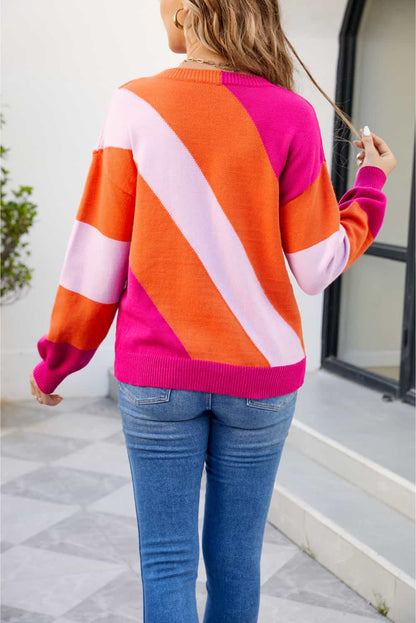 Color Block Ribbed Round Neck Sweater