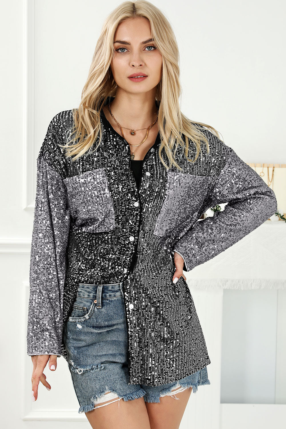 Sequin Button Up Collared Neck Shirt Charcoal