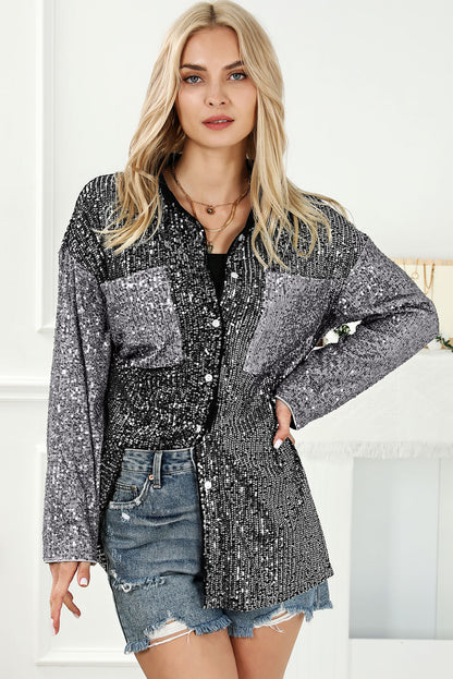 Sequin Button Up Collared Neck Shirt Charcoal