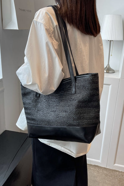 PU Leather Straps Large Tote Bag Black One Size