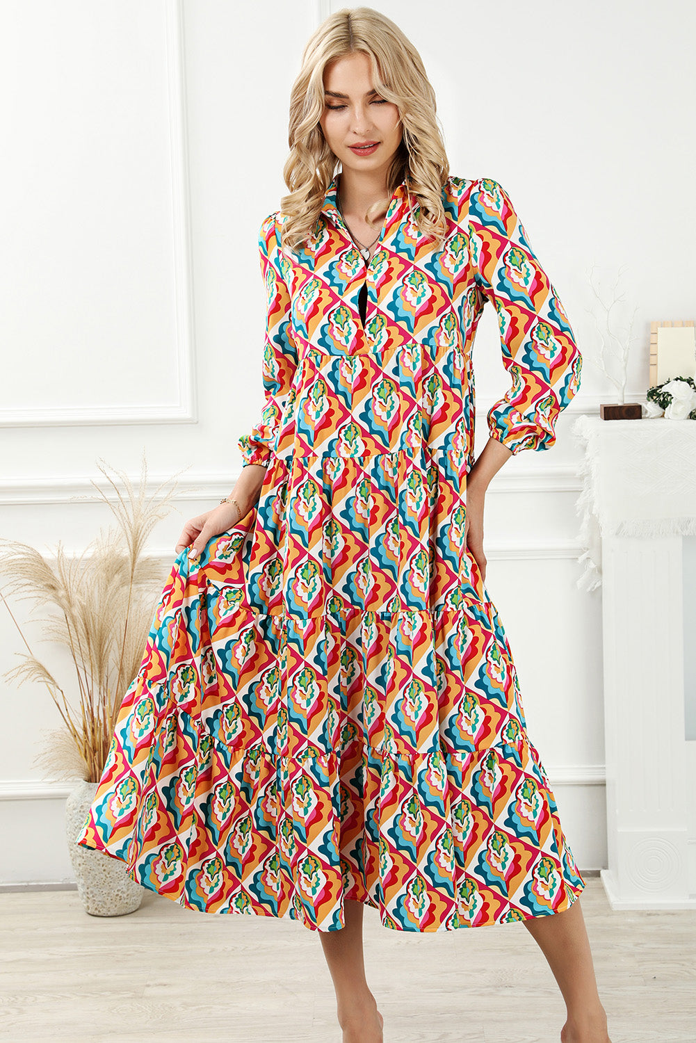 Multicolor Abstract Geometric Print Long Sleeve High Waist Dress