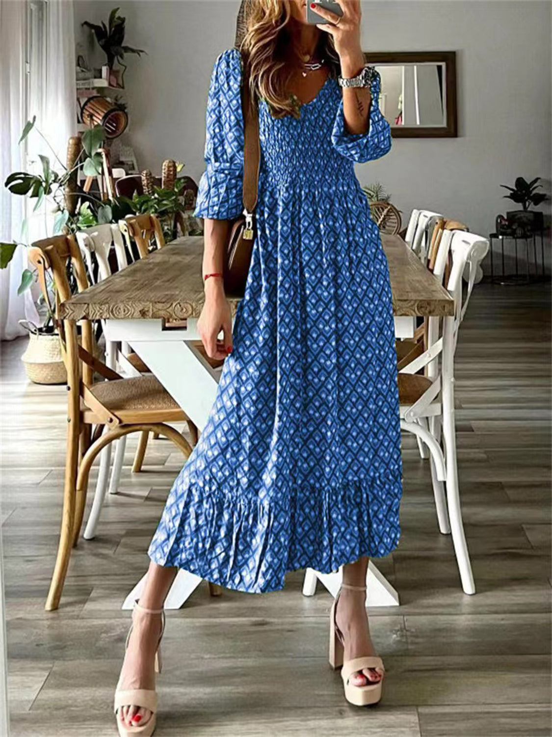 Smocked Printed V-Neck Midi Dress Royal Blue