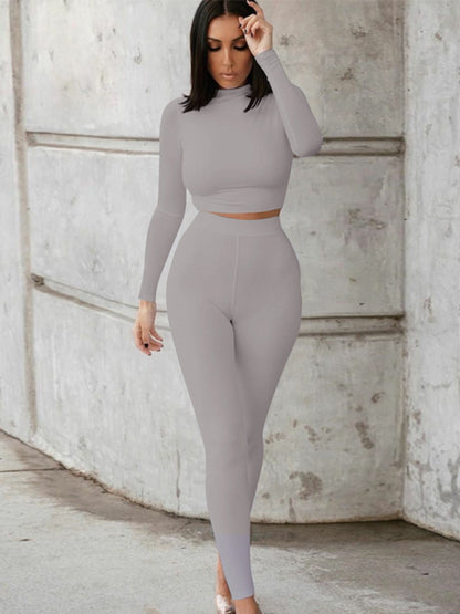 Mock Neck Long Sleeve Top and High Waist Pants Set Gray