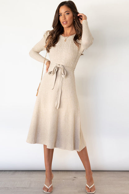 Round Neck Long Sleeve Tie Waist Sweater Dress Beige