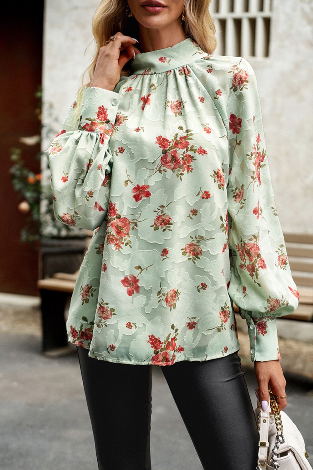 Floral Print Mock Neck Lantern Sleeve Blouse