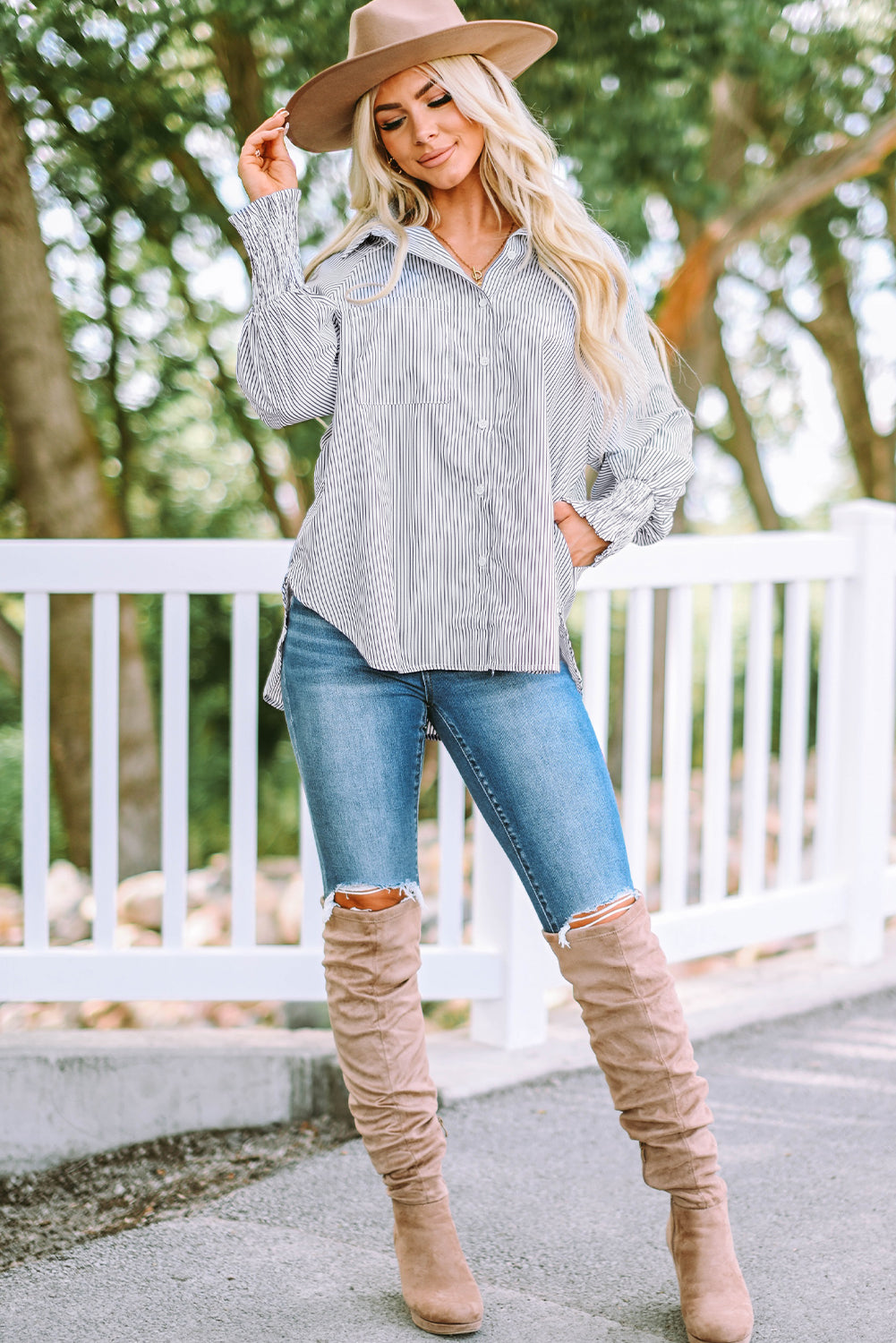 Smocked Cuffed Striped Boyfriend Shirt with Pocket