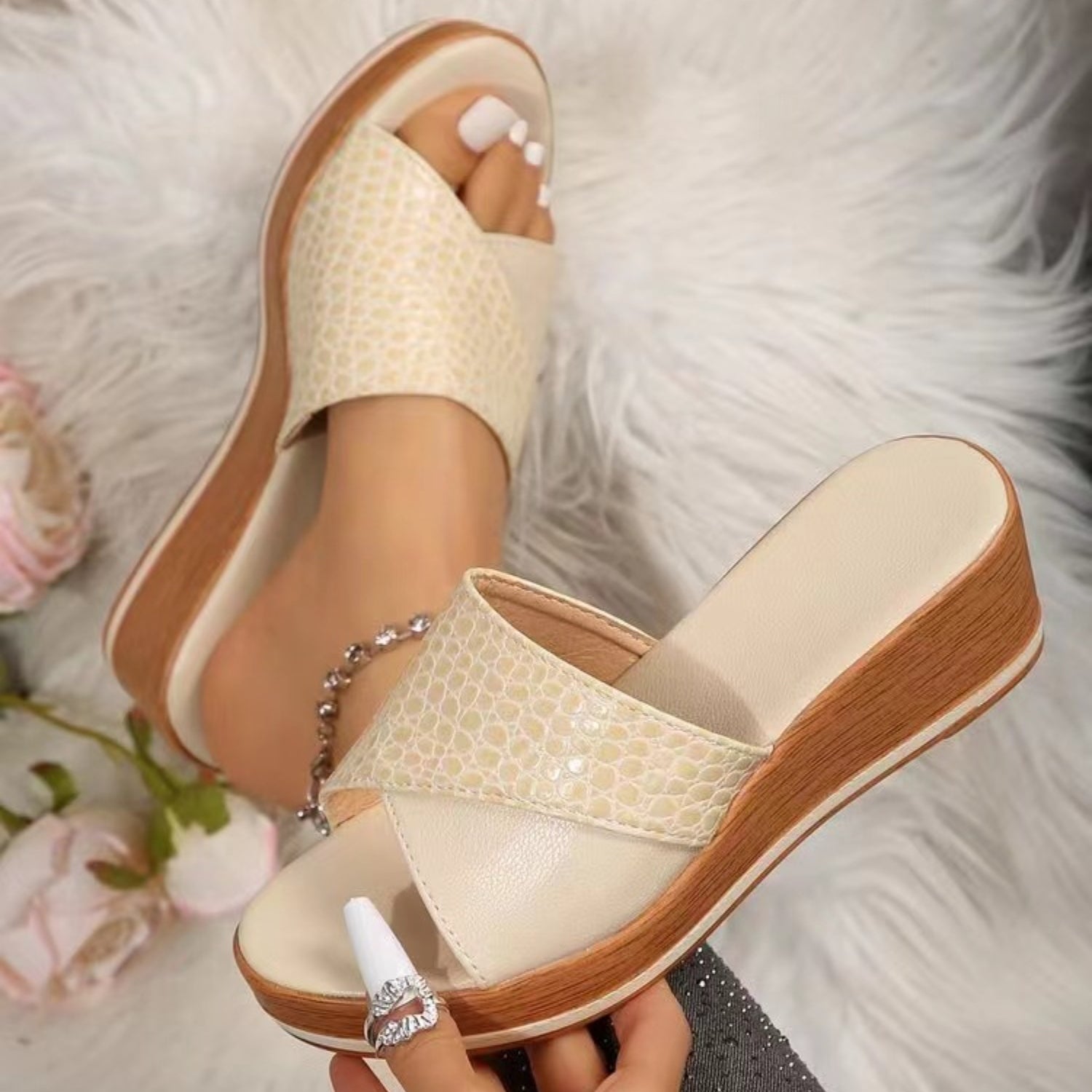 PU Leather Open Toe Sandals Ivory