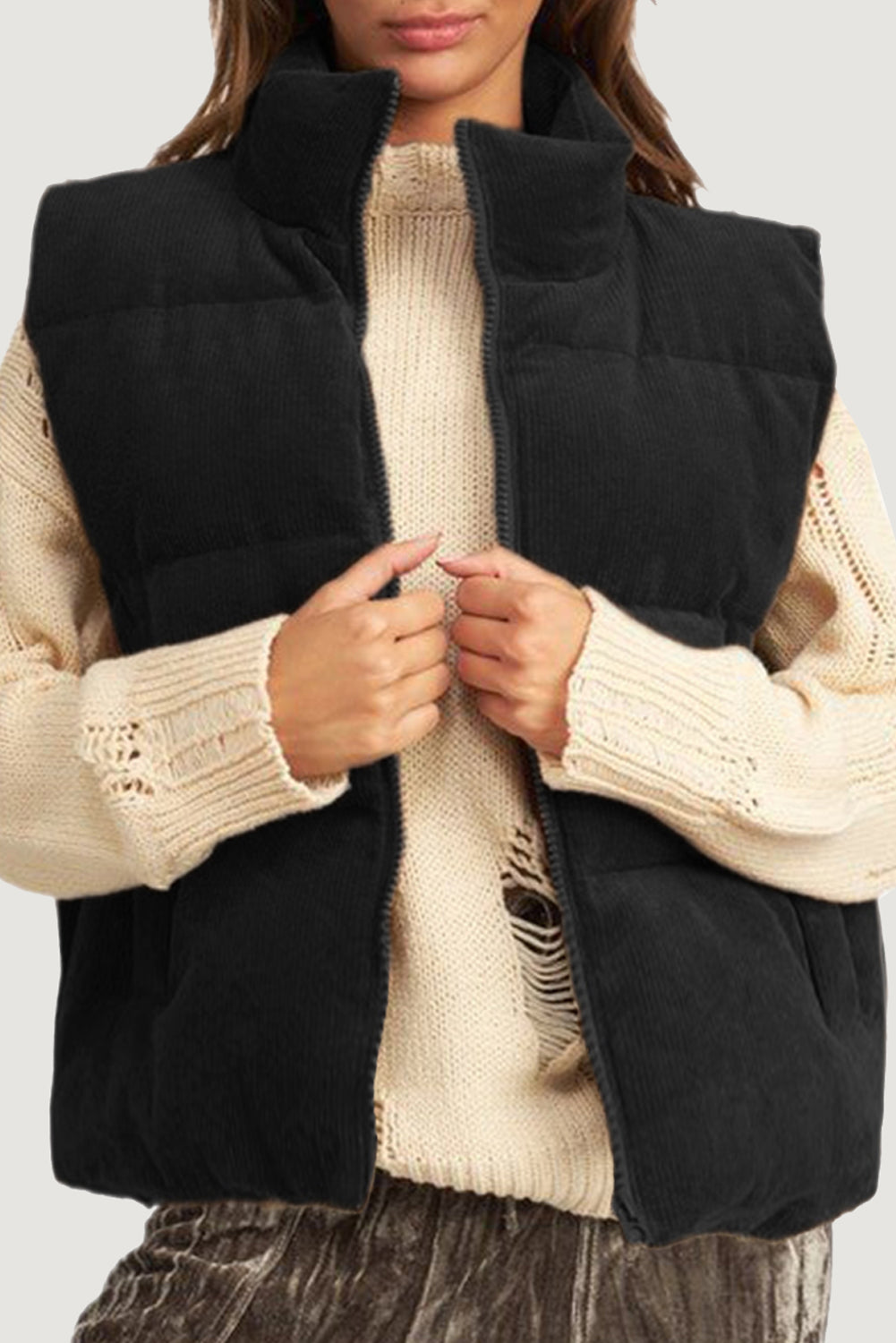 Black Corduroy Stand Neck Zipped Puffer Vest Black 100%Polyester