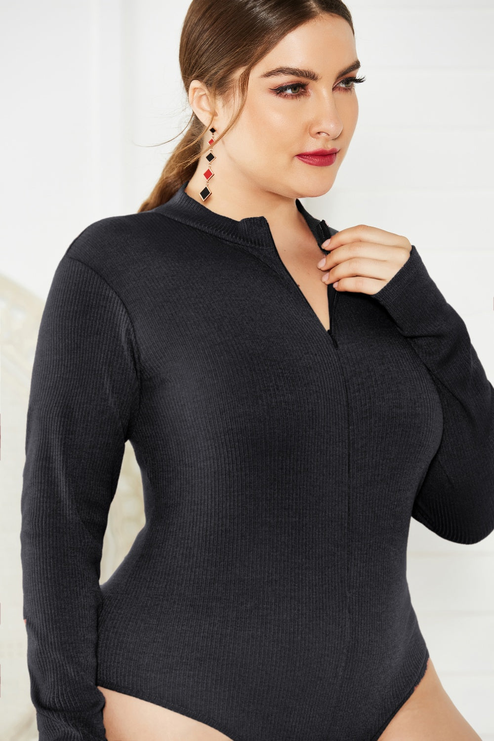 Plus Size Zip Up Long Sleeve Bodysuit - Thandynie