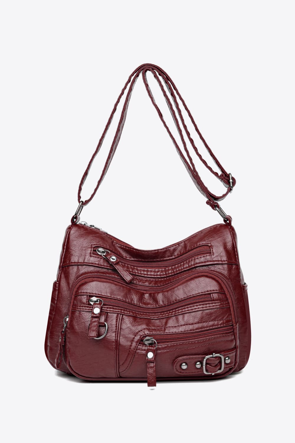 Multi-Pocket PU Leather Crossbody Bag Burgundy One Size
