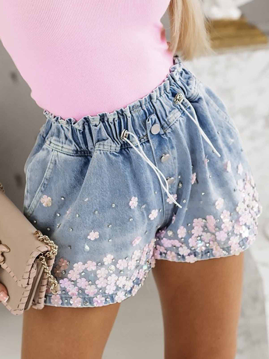 Rhinestone Drawstring Denim Shorts Light