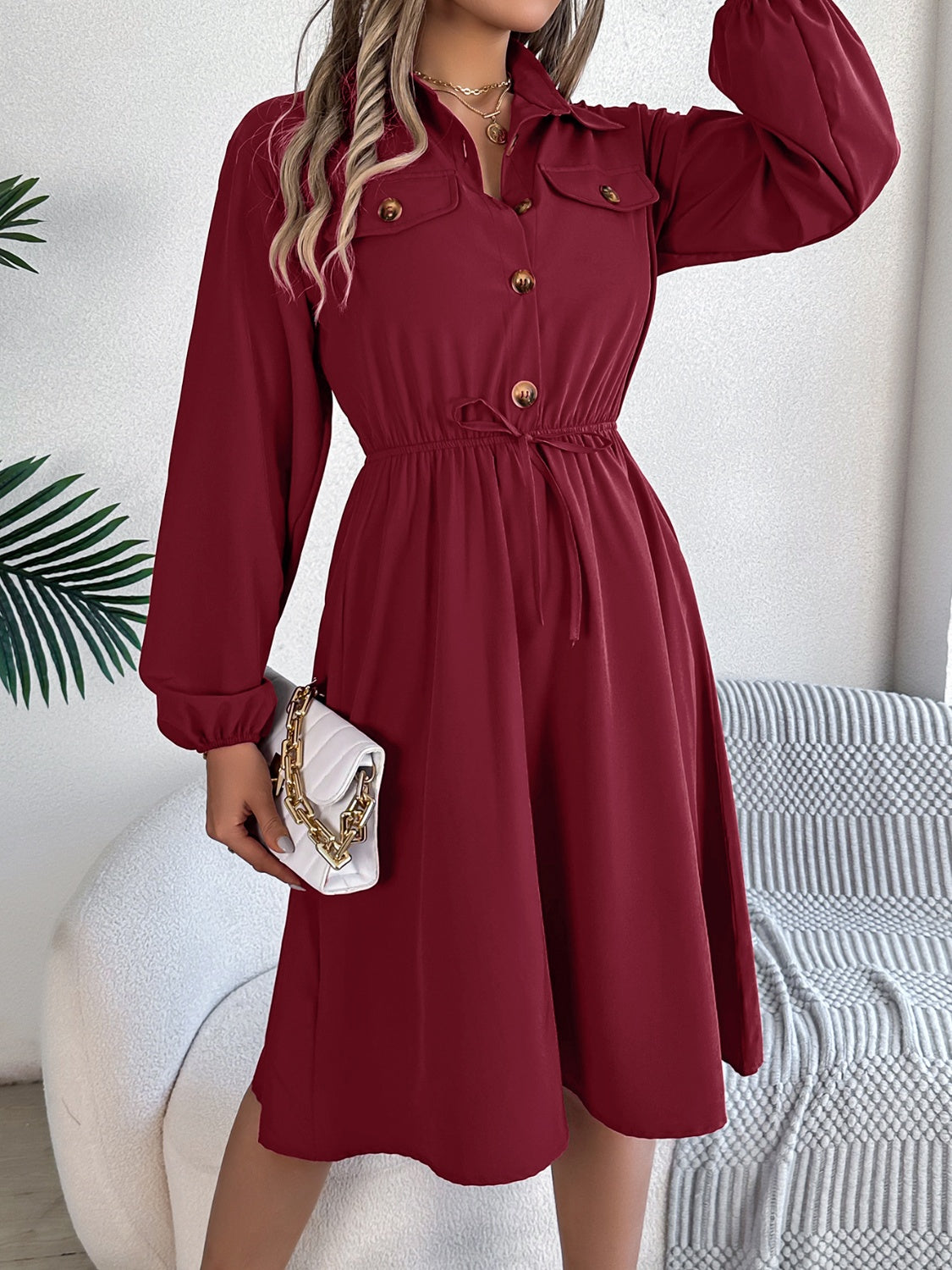 Collared Neck Long Sleeve Dress with Pockets Burgundy